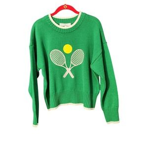 M by Marled Green Tennis Sweater Embroidered Tennis Ball Rackets Women's Large